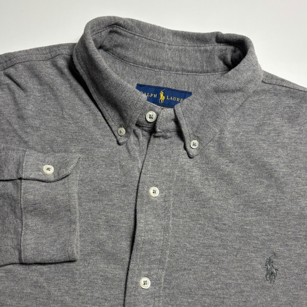 Ralph Lauren Featherweight Mesh Mens XL Button Down Gray Long Sleeve Pony Shirt